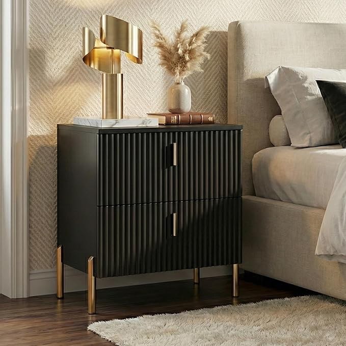 (incomplete ) Luxury Fluted Night Stand Set Of 2, Nightstand With 2 Drawers, Modern Bedside Table With Golden Legs And Handles, End Tables For Living Room Bedroom