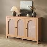 50" l boho rattan sideboard buffet cabinet with large storage, home kitchen wood veneer 3-door credenza coffee bar cabinets with adjustable shelves