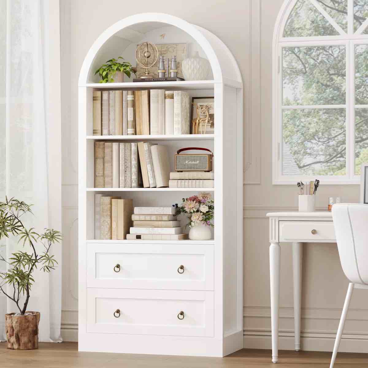 69.7"H Arched Bookcase With 2 Drawers