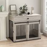 39"l wooden large dog crate furniture with sliding door, side door & rotating bowls, drawer storage