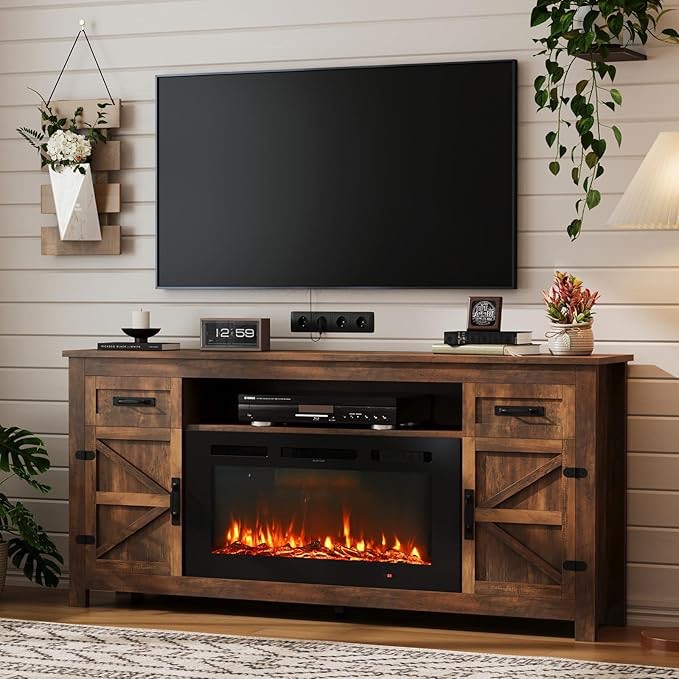 fireplace for tv stand with barn door for tvs up to 80"