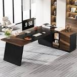 78-inch l-shaped executive desk large office desk with power outlet, drawer lateral file cabinet, modern computer table with open shelf and storage cabinet for home office study, brown black