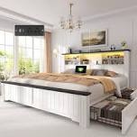 farmhouse storage bed frame with headboard & led light & usb, 4 drawers under bed, built in charging station, no noise, no box spring needed