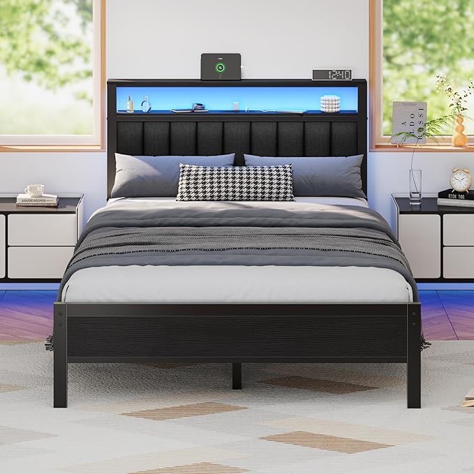 full size bed frame with charging station and led lights