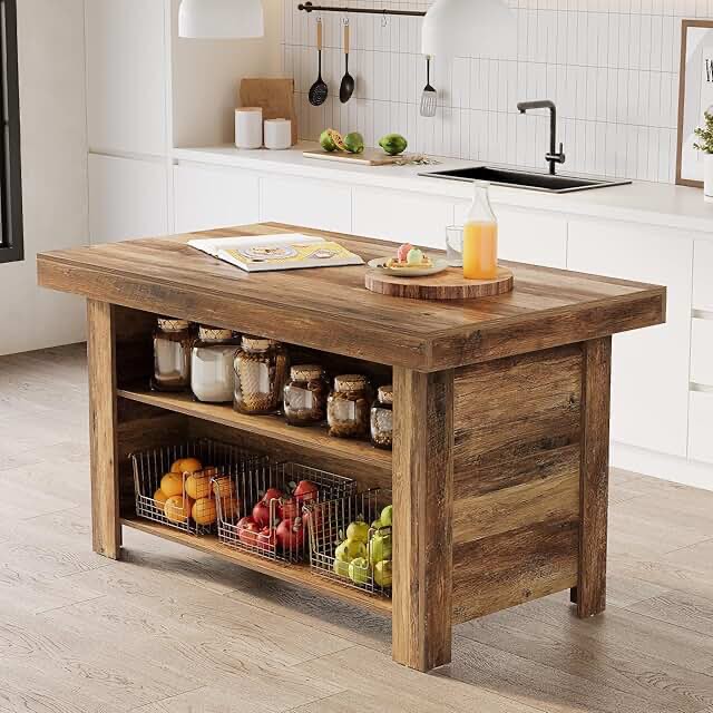 kitchen island with storage shelves, 55 inch kitchen shelf with large worktop, stable structure, farmhouse style