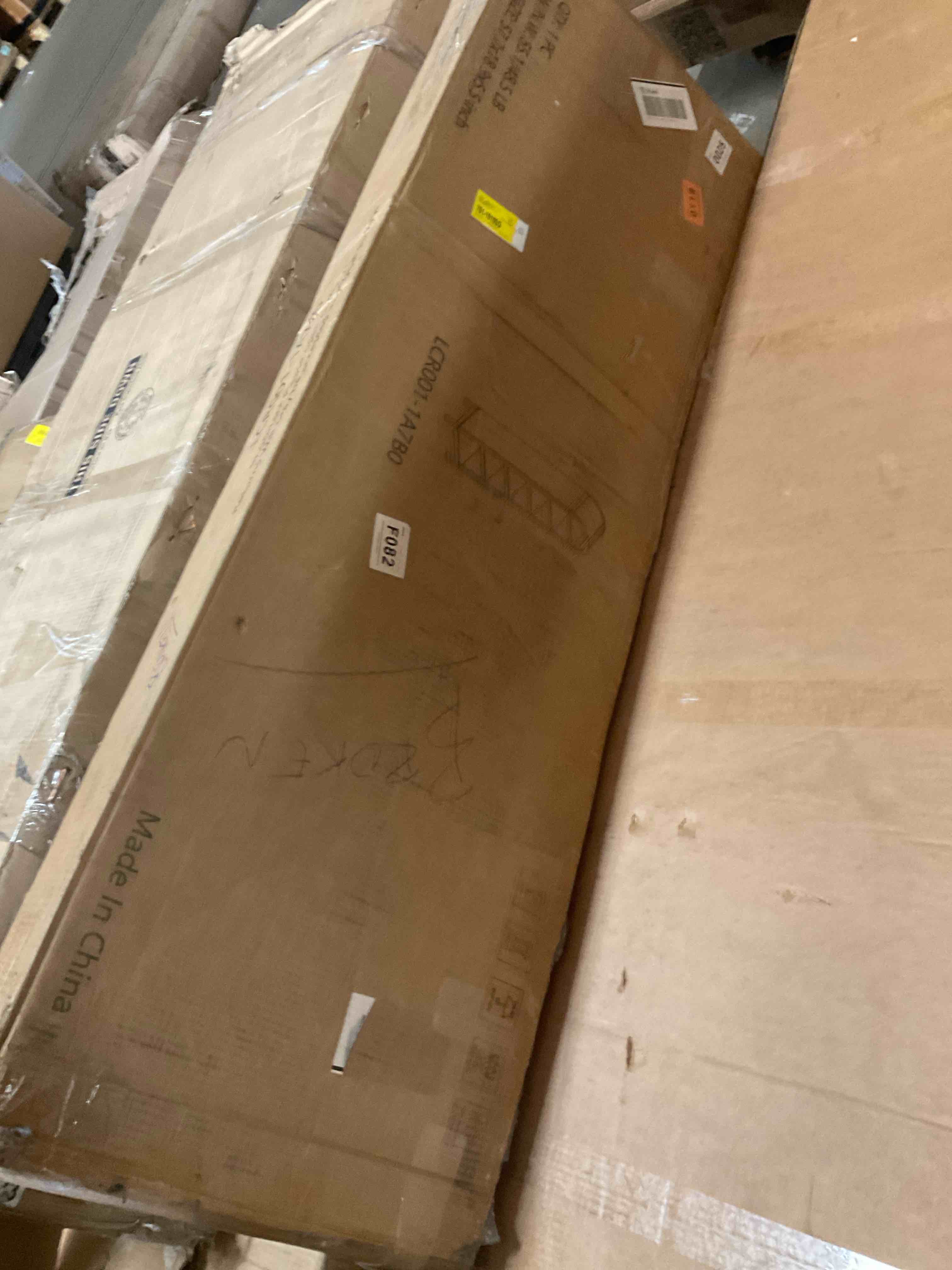 Condition photo showing As Is for (damaged)6- tier arched storage bookcase with 2 adjustable shelves, wood bookshelf open display shelves for living room, entryway, bedroom, assembly require