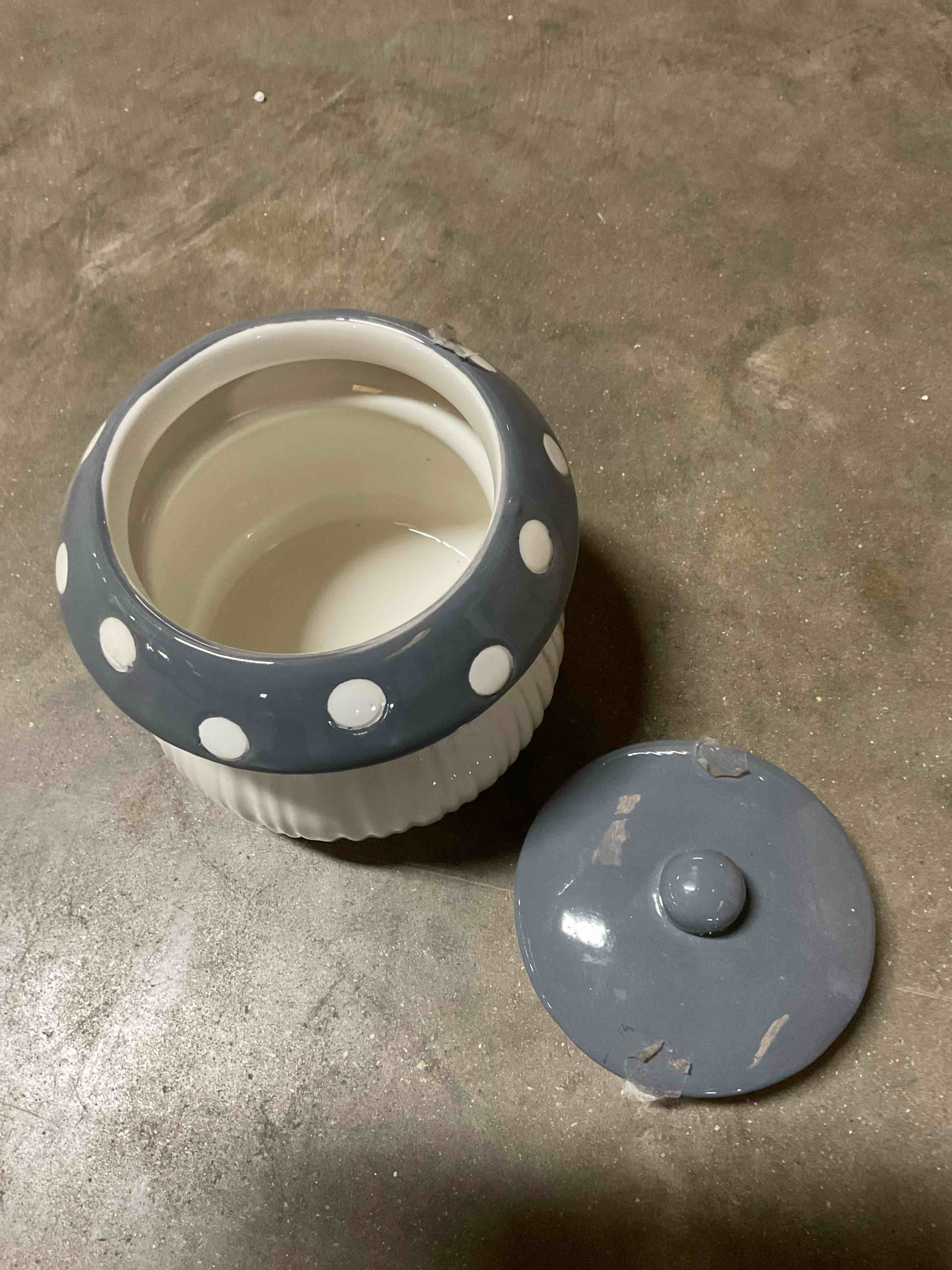 Condition photo showing As Is for glass mushroom storage container