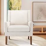 leston wide upholstered fabric accent armchair with solid wood leg