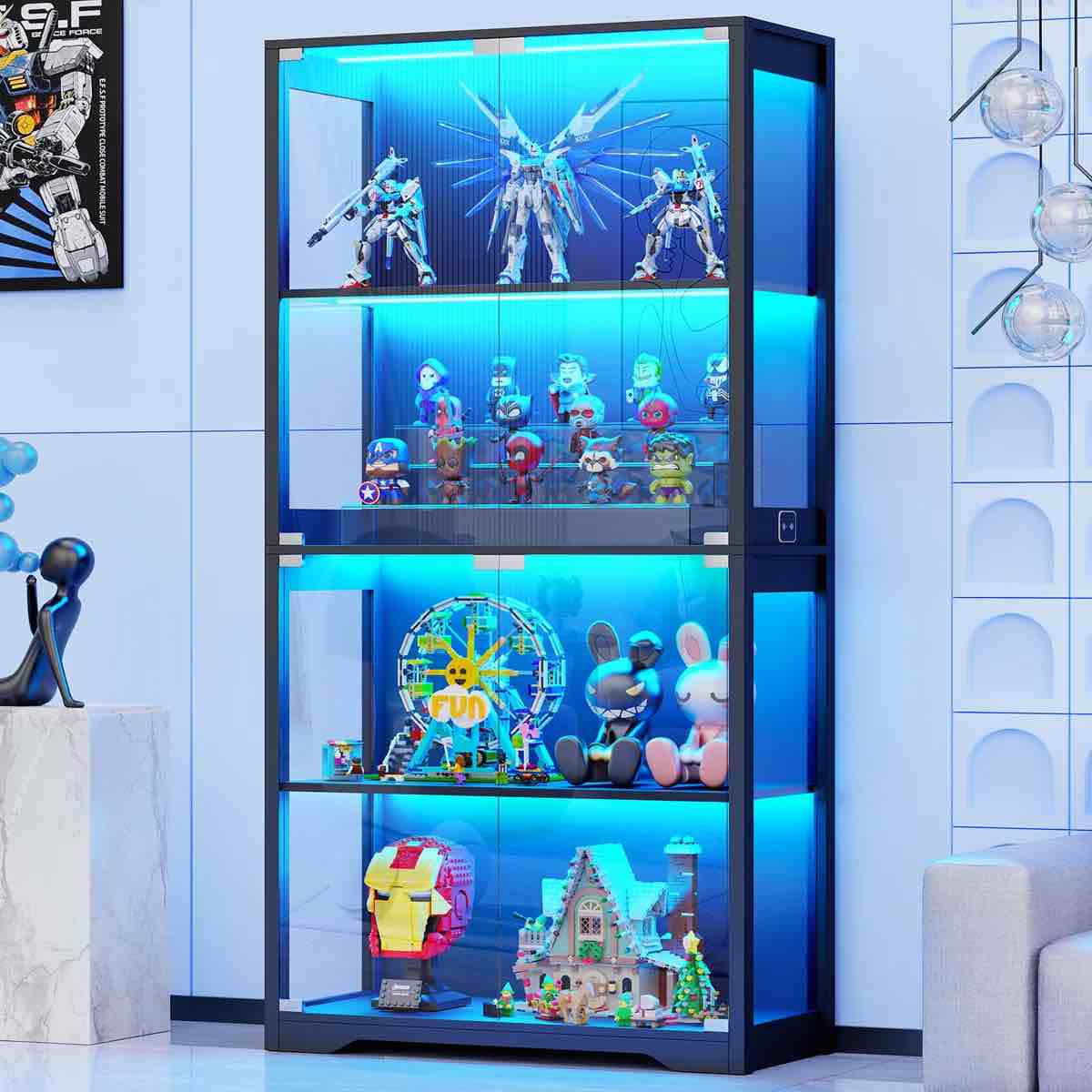display cabinet with acrylic glass doors,3-tiers curio cabinet with led lighting for collectibles, collectibles toy organizers rack & display shelf display case storage cabinet