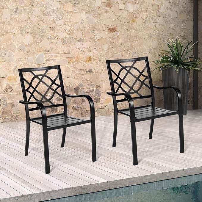 patio chairs, stackable outdoor dining chair, black metal chairs, wrought iron outdoor chairs with armrest, support 300 lbs, ideal for garden, backyard, lawn