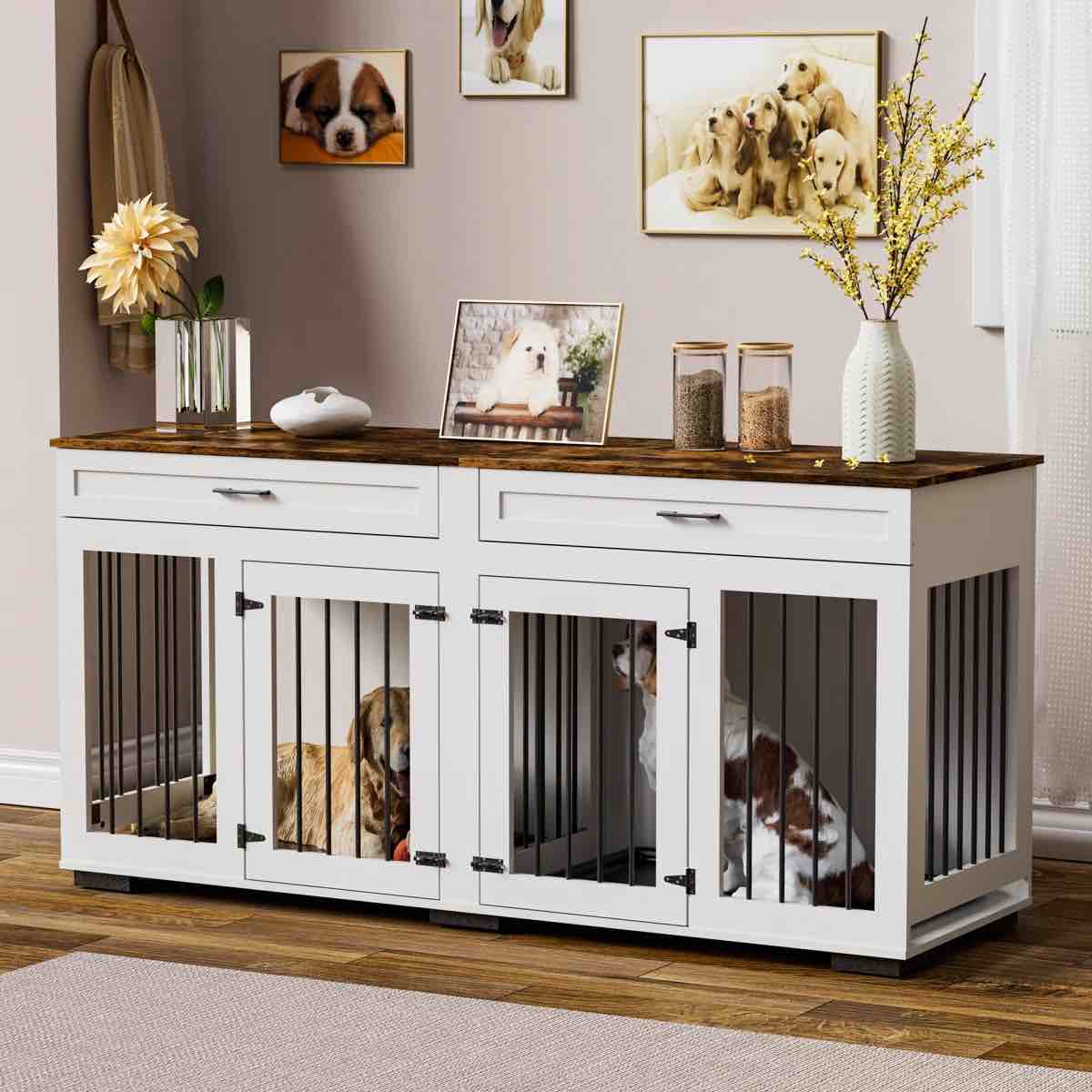 large dog crate furniture, heavy duty wooden dog kennel with room divider and 2 trays, double doors with locks for 2 large dogs