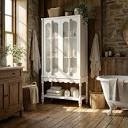 Bathroom Linen Cabinet With Begonia-Style Tempered Glass Doors And Rubber Solid Wood Legs