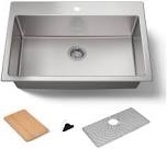 33" l x 22" w drop in single bowl kitchen sink with accesories
