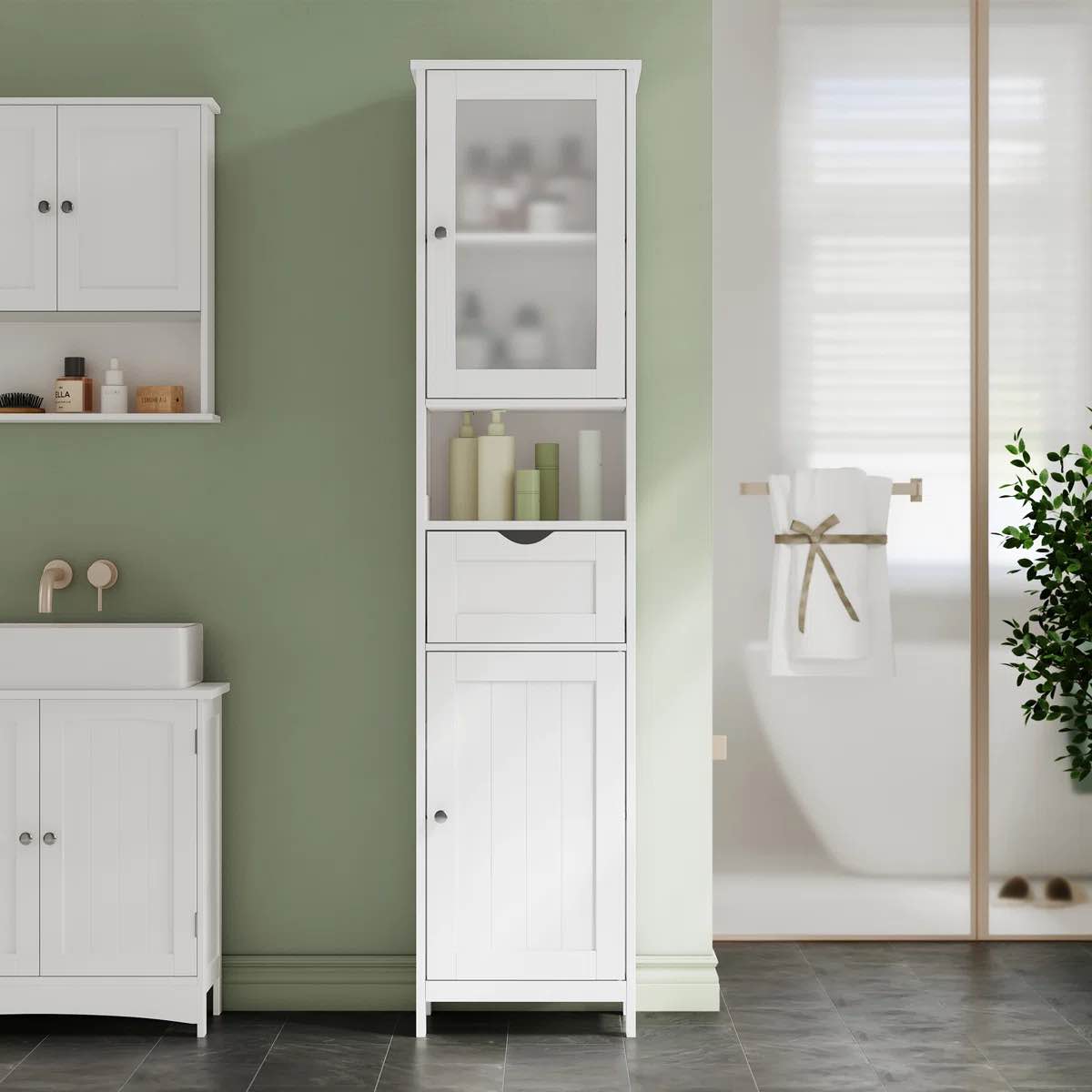 rior freestanding linen cabinet, tall bathroom cabinet, with a drawer, adjustable shelves, modern style