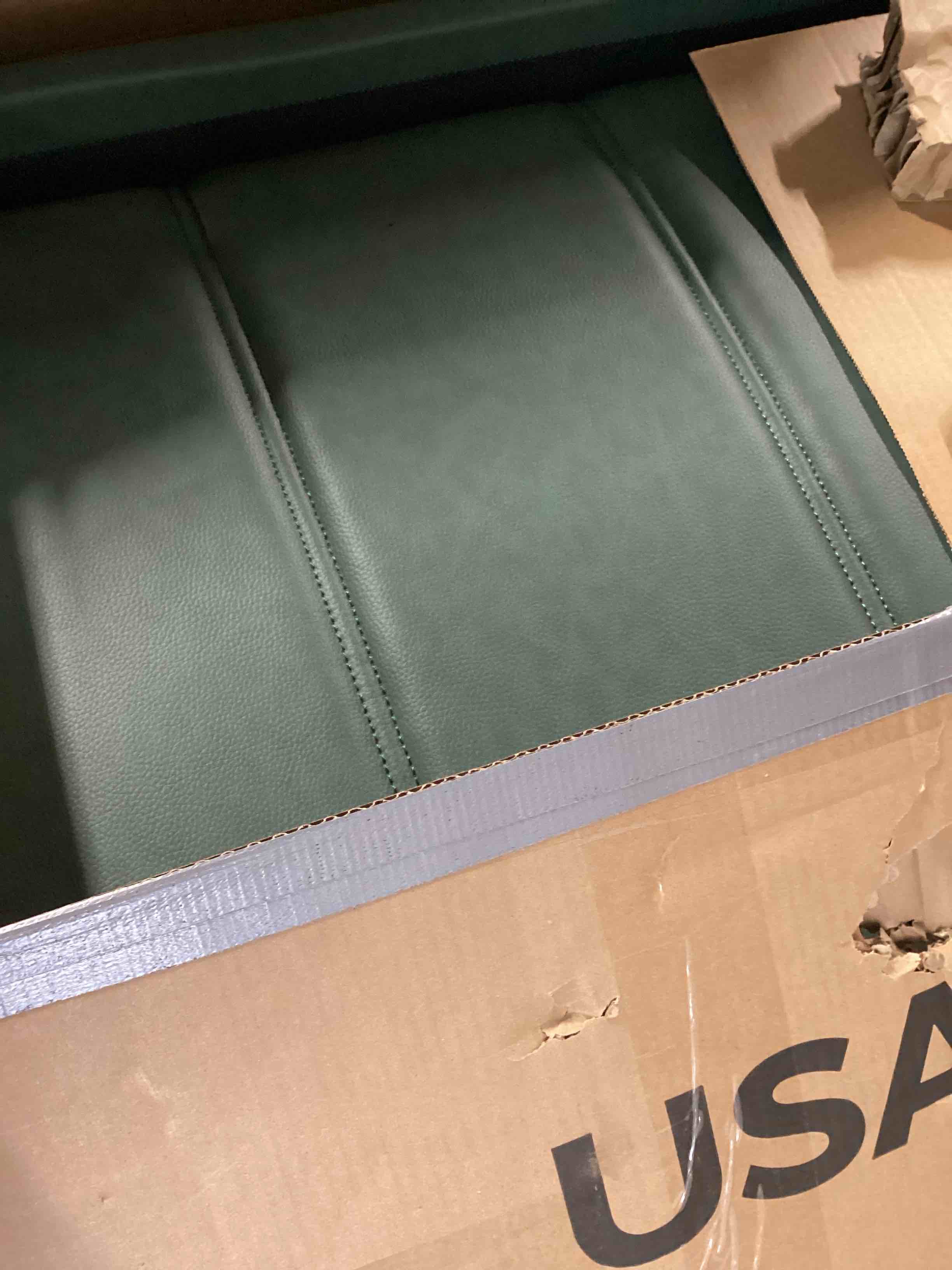 Condition photo showing Good Condition for (incomplete) item is green. faux leather chaise lounge with hidden storage