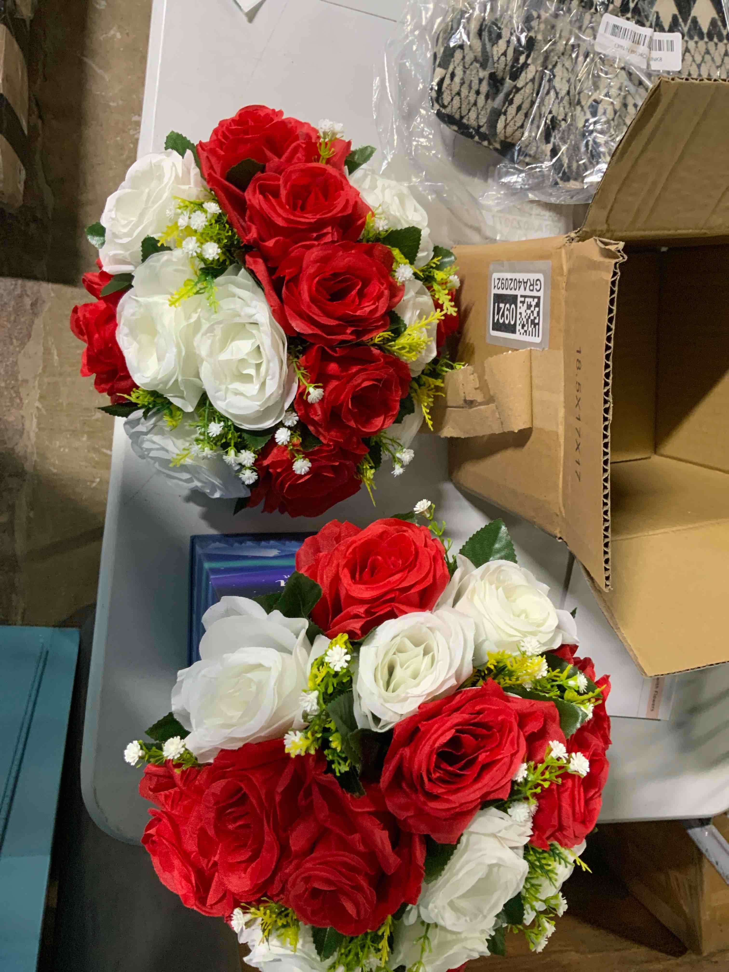 Condition photo showing Good Condition for (flower arrangements only)nuptio flower centerpieces for wedding tables: red & white artificial flower ball arrangement for christmas thanksgiving party - 2 pcs fake floral rose for bridal shower decor 2 pcs red & white