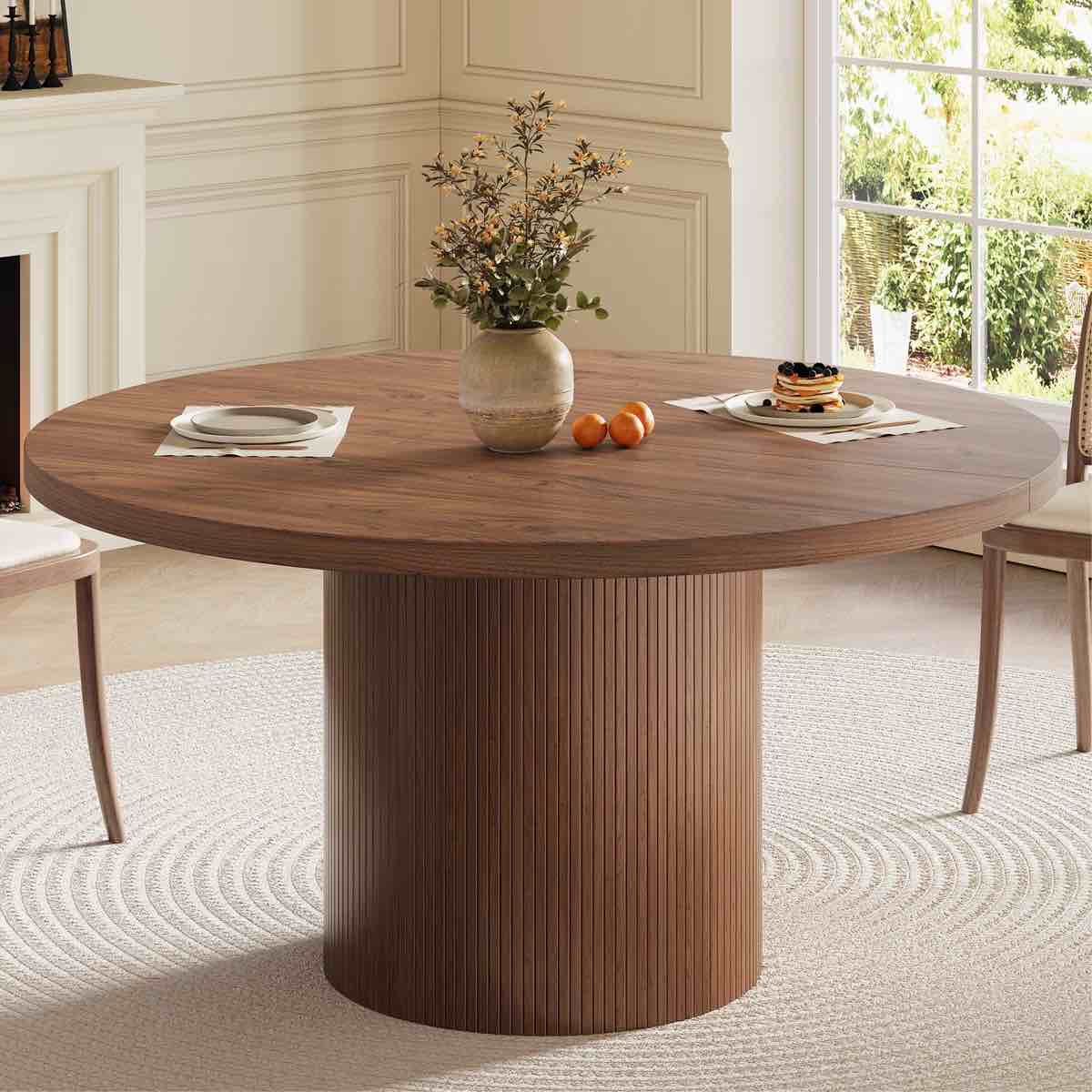 47.2'' round dining table, kitchen table with wood strip base for kitchen living room