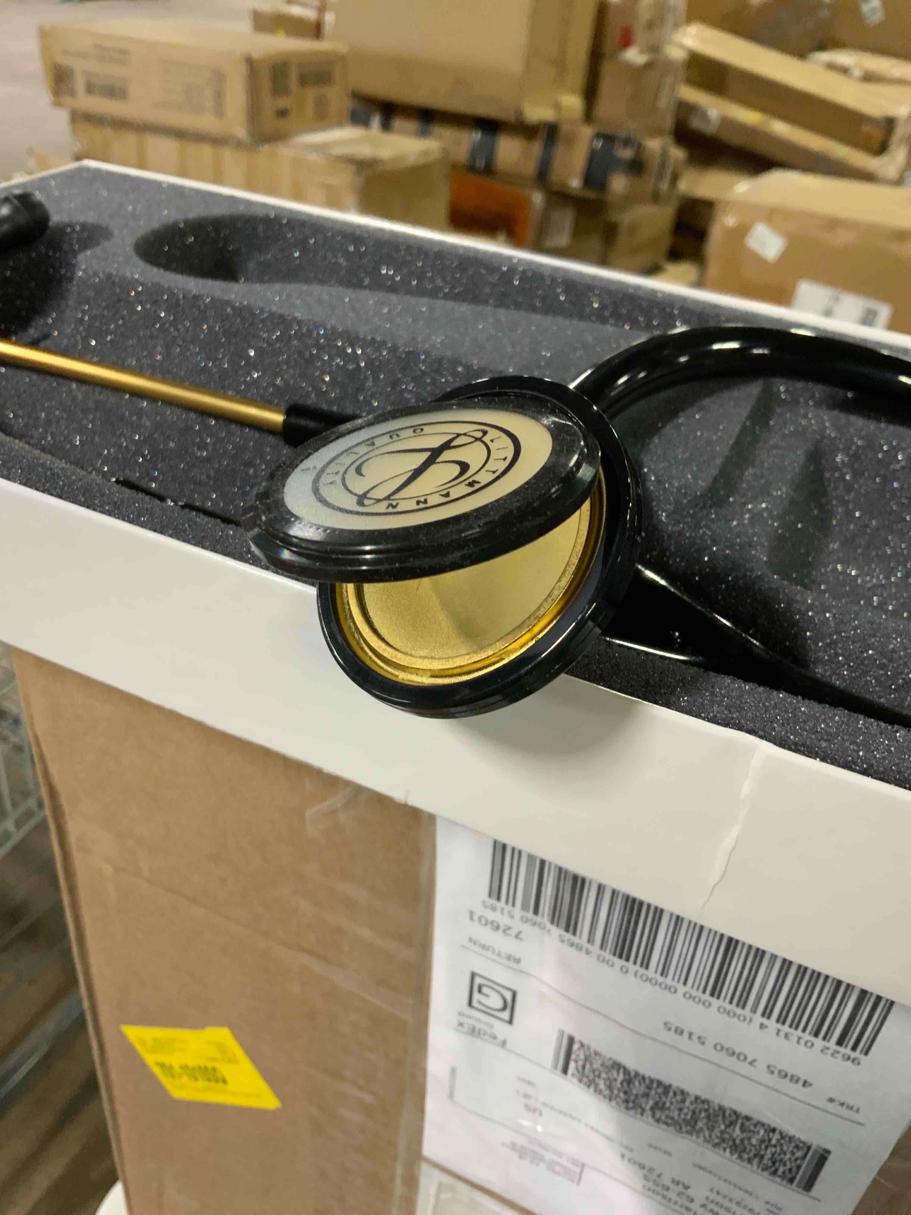 Condition photo showing Good Condition for (damage pictured)3m littmann master cardiology stethoscope, 2175, stainless steel brass-finish chestpiece, 27" black tube black tube stainless steel brass finish