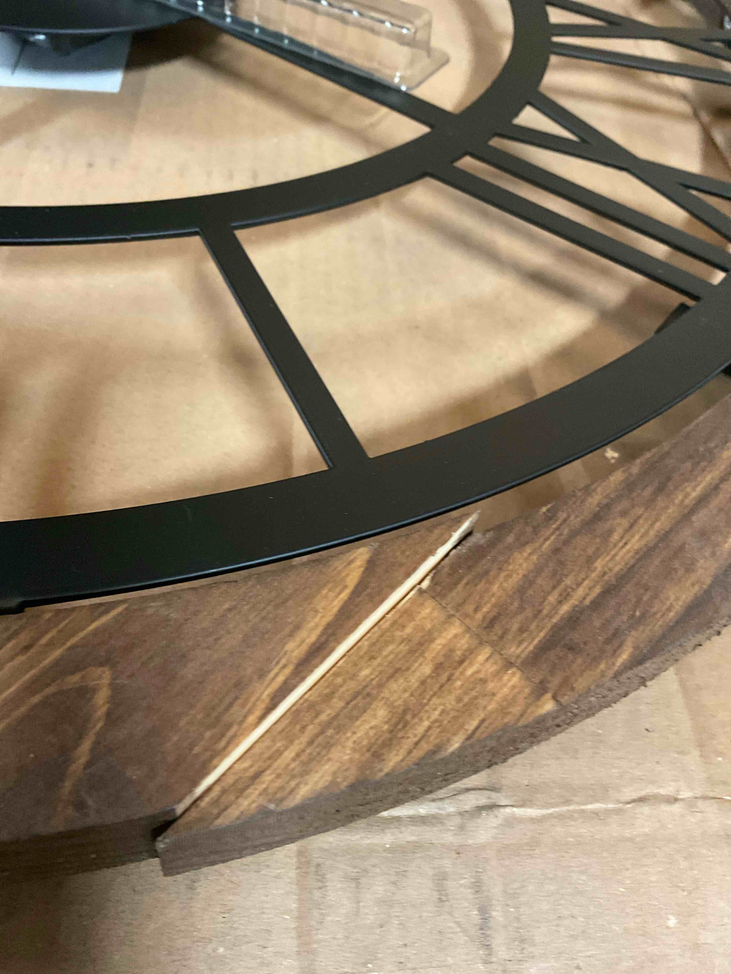Condition photo showing Good Condition for (“broken at joint easy fix “)stylish decorative metal wall clock, black & oak, 31.5 in diameter x 0.06 in thick | 100% durable metal construction, silent mechanism, requires 1 aa battery (not included) | perfect for home or office décor