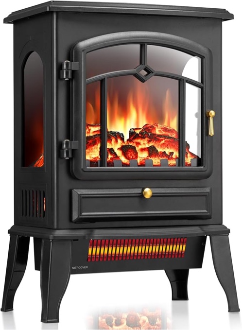 Condition photo showing As Is for heat don’t work Winston Porter 15" Freestanding Fireplace Stove Heater With Realistic Flame For Home Office With Realistic Log Flame Effect, Adjustable Flame Effect/Brightness/Heating Mode, Overheating Safe Design