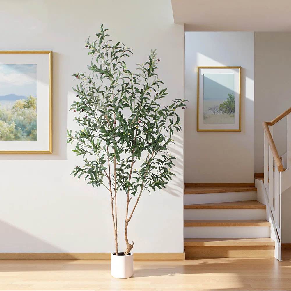 Paislee Artificial Olive Tree, Faux Olive Tree with Tall White Planter, Realistic Leaves