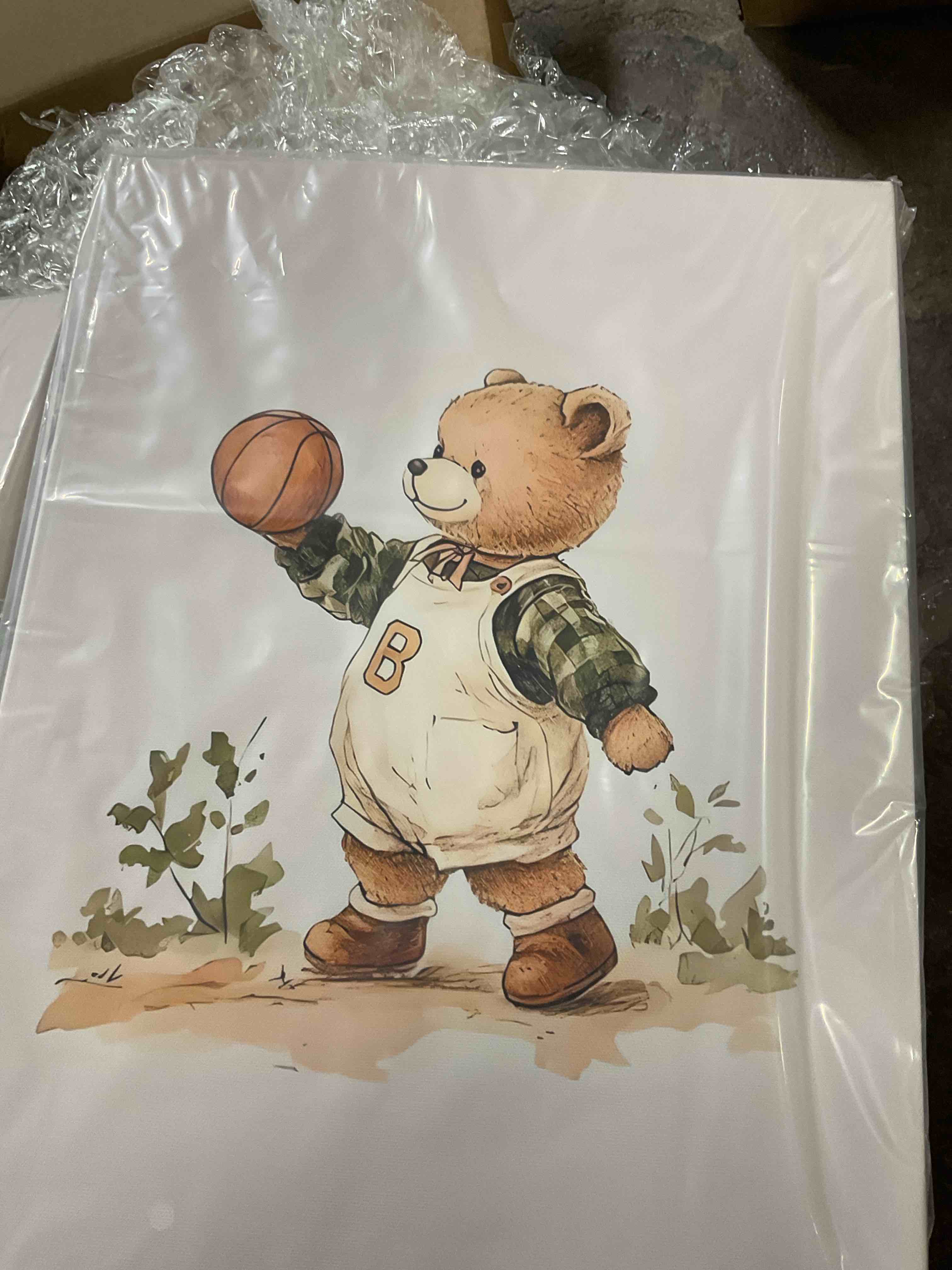 Condition photo showing Good Condition for Set of 3 Paintings of a Sporty Bear (Baseball, Football, and Basketball)