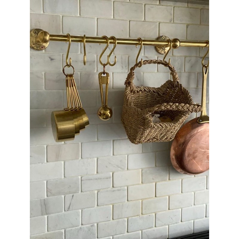 Handmade Unlacquered Brass Storage Rail Rack With Hooks Wall Mounted Organizer Kitchen Pot Rack