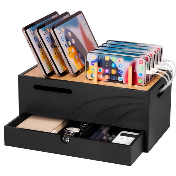 homde natural bamboo charging station rack for multiple devices cable cord management box organizer holder with 6 slots drawer for chargers phones tablets watches electronics (black)