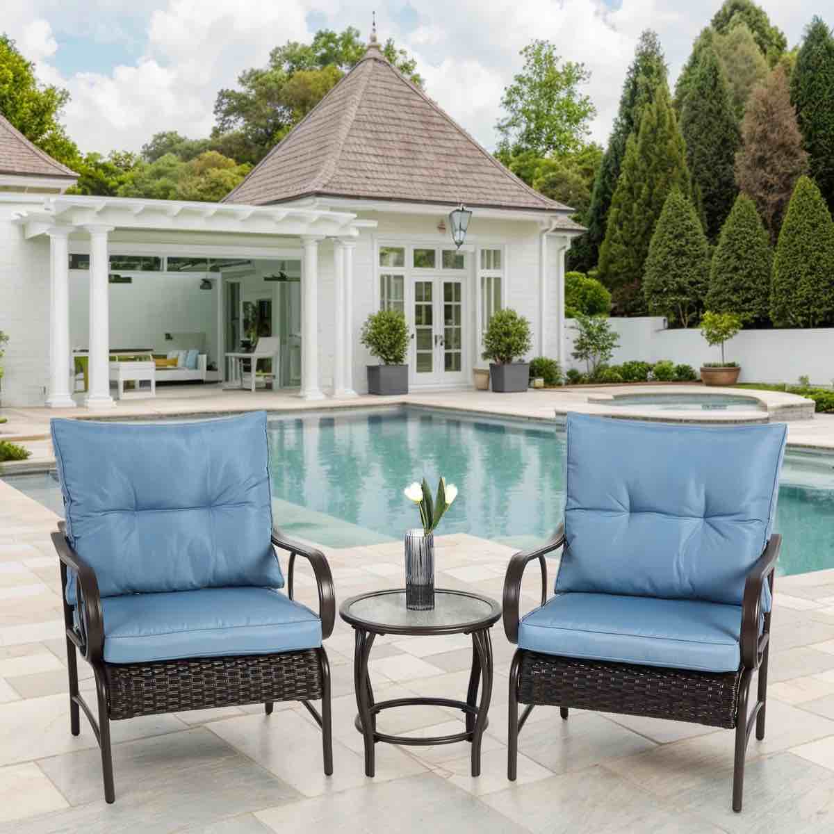 3-Piece Rattan Patio Bistro Conversation Sets Chairs Set of 2 with Cushions and Coffee Table