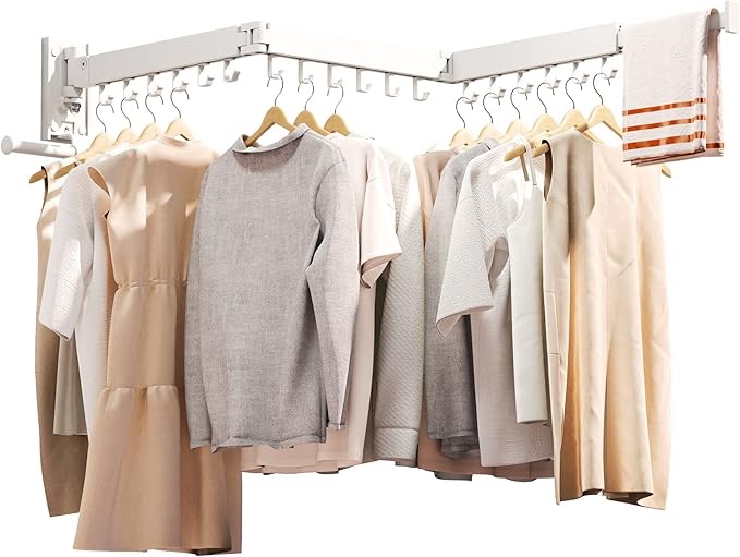 Clothes Drying Rack,Laundry Drying Rack Wall Mount, Wall Mounted Clothes Rack,Retractable,Collapsible(Tri-Fold),Drying Rack Clothing,Can Fold Upward \u0026 Left \u0026 Right,Space Saver