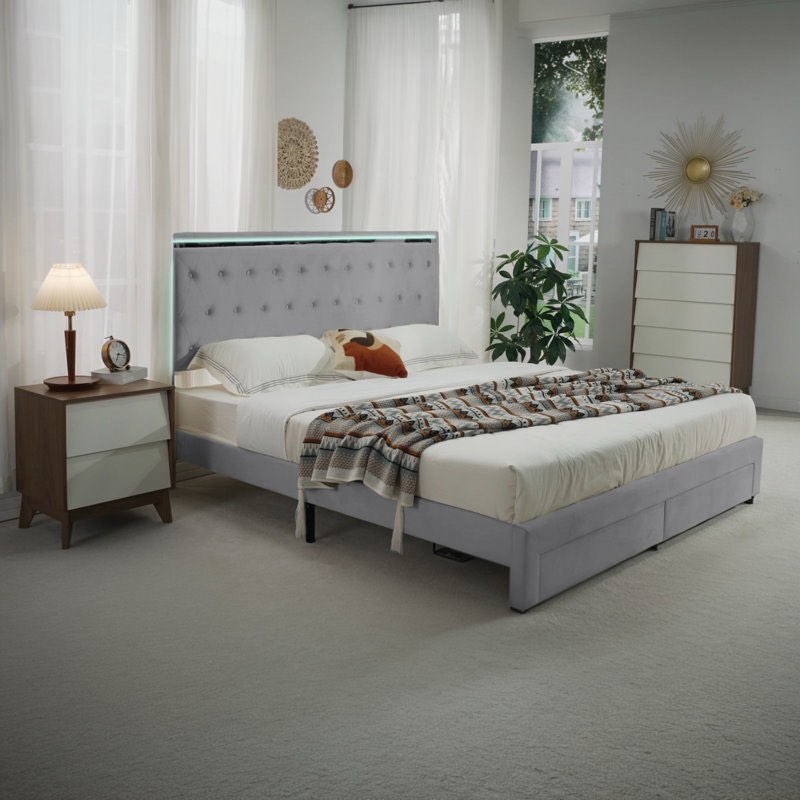 Bed Frame with Two Storage Drawers & LED Headboard Acrylic Mirrored,Velvet Upholstered Platform Bed