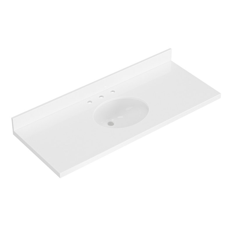 ARIEL 55 INCH PURE WHITE QUARTZ BATHROOM VANITY COUNTERTOP 1.5 INCH THICK MITER EDGE WITH OVAL SINGLE SINK AND INCLUDES BACKSPLASH