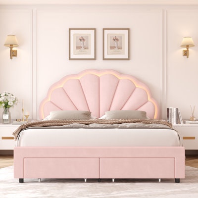 Upholstered Kids LED Bed Frame with Storage Drawers, Princess Platform Bed with Adjustable Headboard