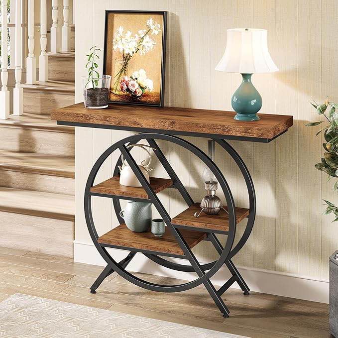 LITTLE TREE Console Table, 39.37" Entryway Table with Storage, Sofa Table Behind Couch with 3-Tier Shelves & Metal Frame for Living Room, Hallway, Entrance, Foyer, Modern Industrial Brown