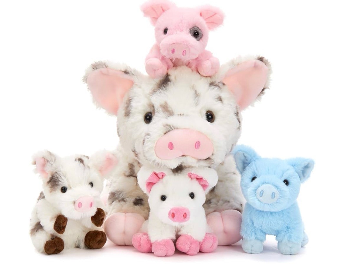 BENINY Pig Stuffed Animal Plush - Pink Mommy 16" with 4 Little Piggy in Her Zippered Tummy - Cute Pl