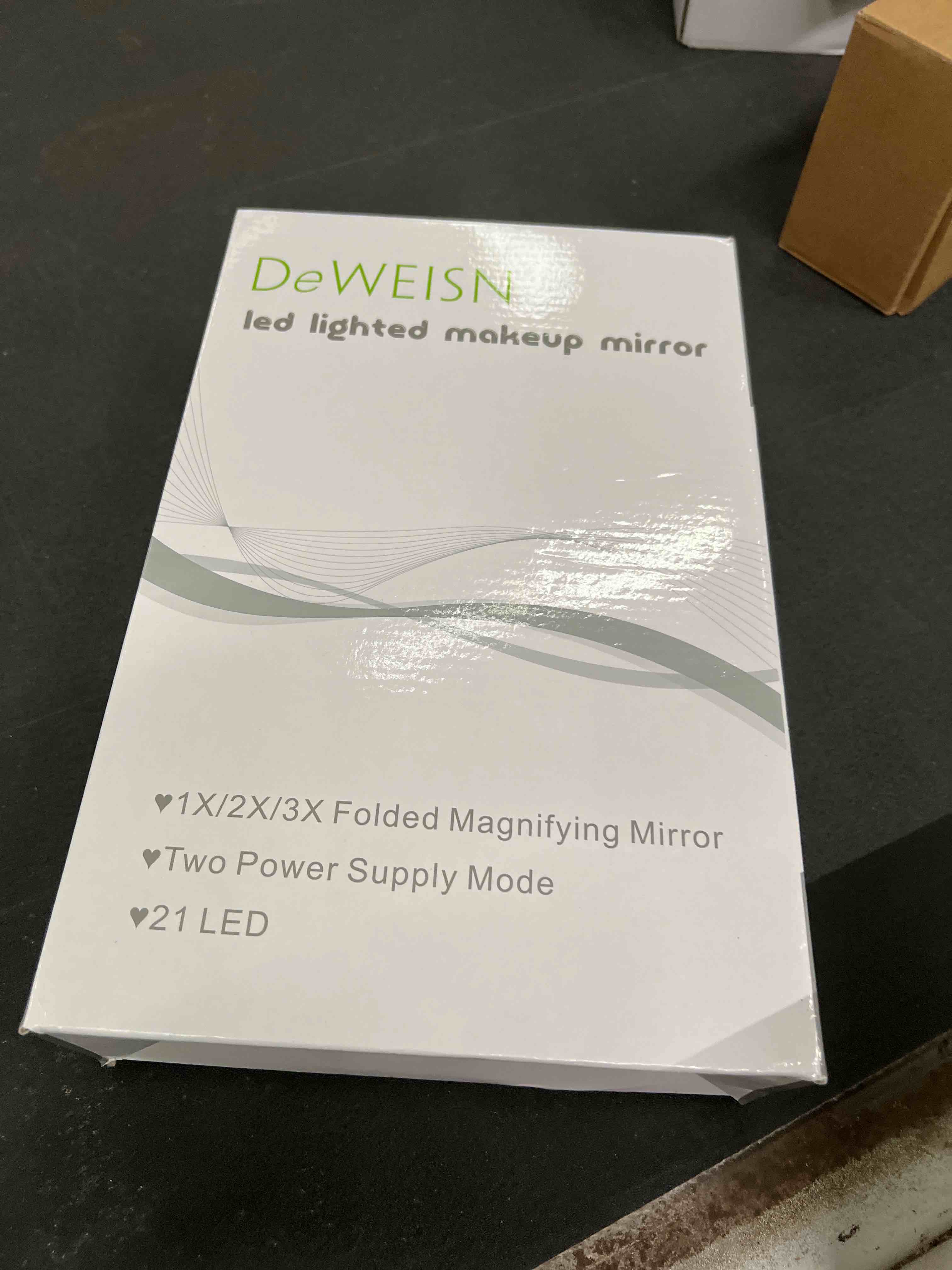 Condition photo showing As Is for deweisn Floor Mount Tri-Fold Lighted Vanity Mirror with 21 LED Lights, Touch Screen and 3X/2X/1X Magnification, Two Power Supply Modes Make Up Mirror,Travel Mirror White