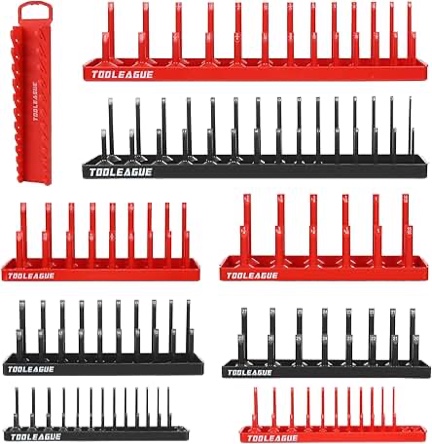 TOOLEAGUE 9Pcs Socket Organizer Tray and Magnetic Wrench Holder Set,Red SAE & Black Metric, 1/2", 1/