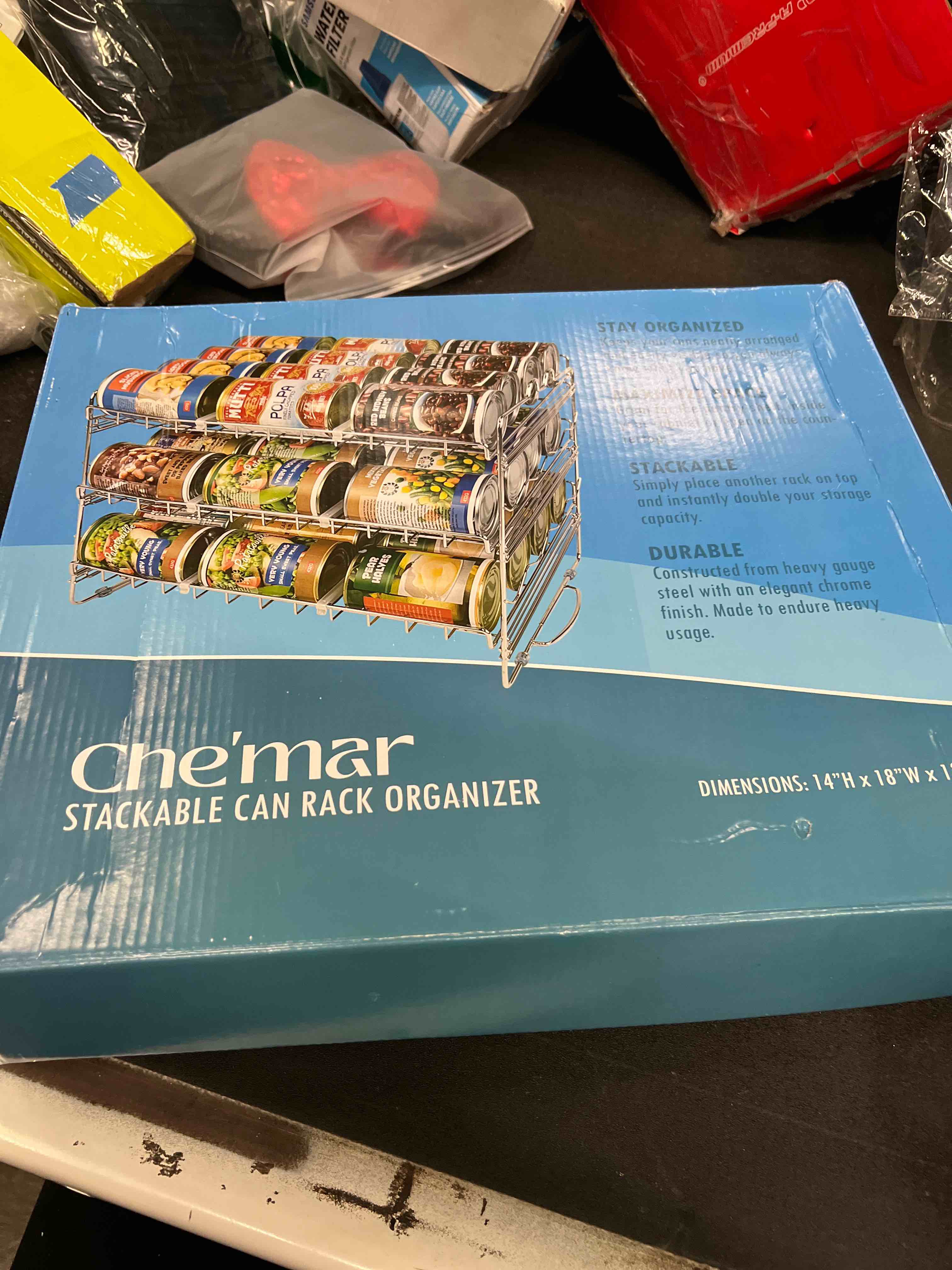 Condition photo showing As Is for Che'mar Can Organizer for Pantry - Stackable Can Rack for 36 Cans, Canned Food Storage, Pantry Shelf, Kitchen Cabinet or Countertop. (Chrome)