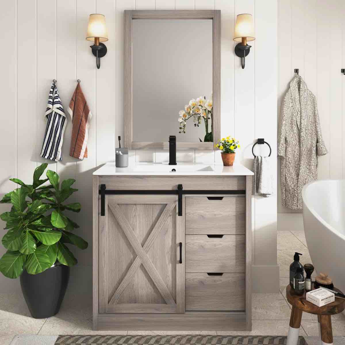 Bathroom Vanity With Sink, Faucet, Mirror, Sliding Barn Door, And Drawers