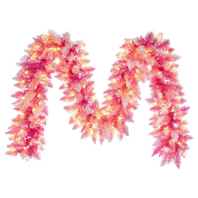 Kamrudeen Lighted Pink and Gold Christmas Balls and Pinecorn Pre-decorated Christmas pine Garland