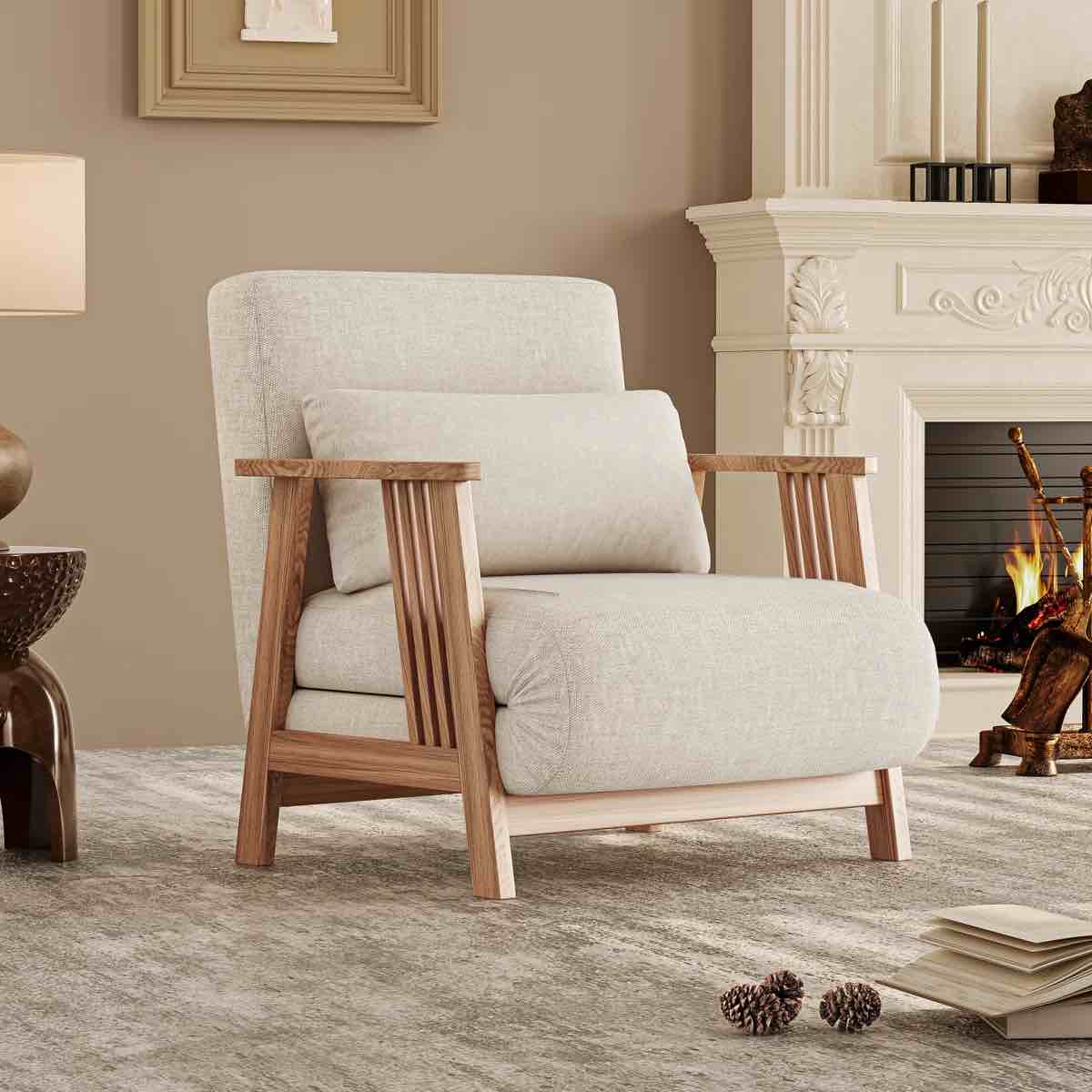 Retro Convertible Fabric Upholstered Accent Armchair Futon Chair Sofa Bed with Solid Wood Frame