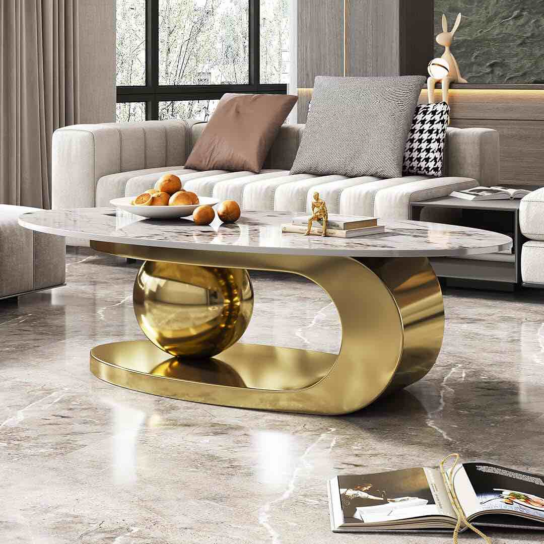 51" luxurious oval coffee table with gold base and sintered stone top