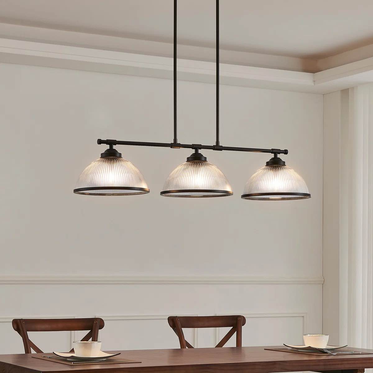 3-Light Linear Modern Kitchen Island Pendant With Dome Glass Shade