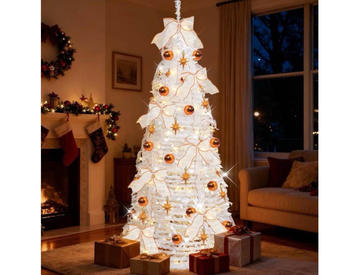 Pop Up Christmas Tree, Pre Lit Decorated W/100 Warm White & Colored Lights, Collapsible Artificial Christmas Tree W/remote, Brightness Adjustment, Timing, 11 Models, Xmas Holiday Home Decor