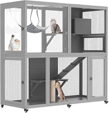 Condition photo showing Good Condition for Catio Indoor Cat Enclosure, 2-Tier Large Catio with Wheels, Resting Box, Platform, Scratching Post, Wooden Cat Cage for Multiple Cats