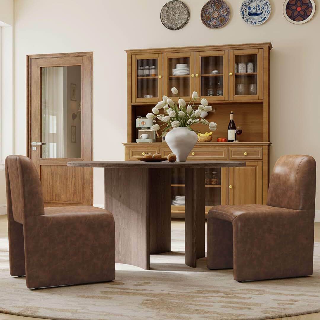 Condition photo showing Good Condition for Mid-Century Modern Wood Dining Chairs, Upholstered PU Leather Wood Dining Chair Side Chair, Fully Assembled