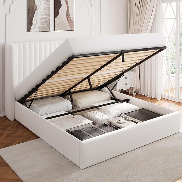 Condition photo showing Good Condition for Lift Up Storage Bed, Upholstered Platform Bed with Hydraulic System \u0026 Wood Slats Support, Bed Frame with 3-Panel Headboard, No Box Spring Needed, Easy Assembly