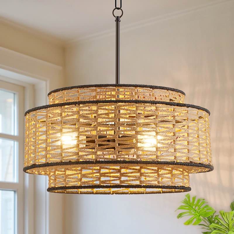 Anela 3-Light 20" Woven Rope Drum Shade Chandelier - Handcrafted Boho Pendant Light for Living Room & Dining Room (Adjustable Chain Included)