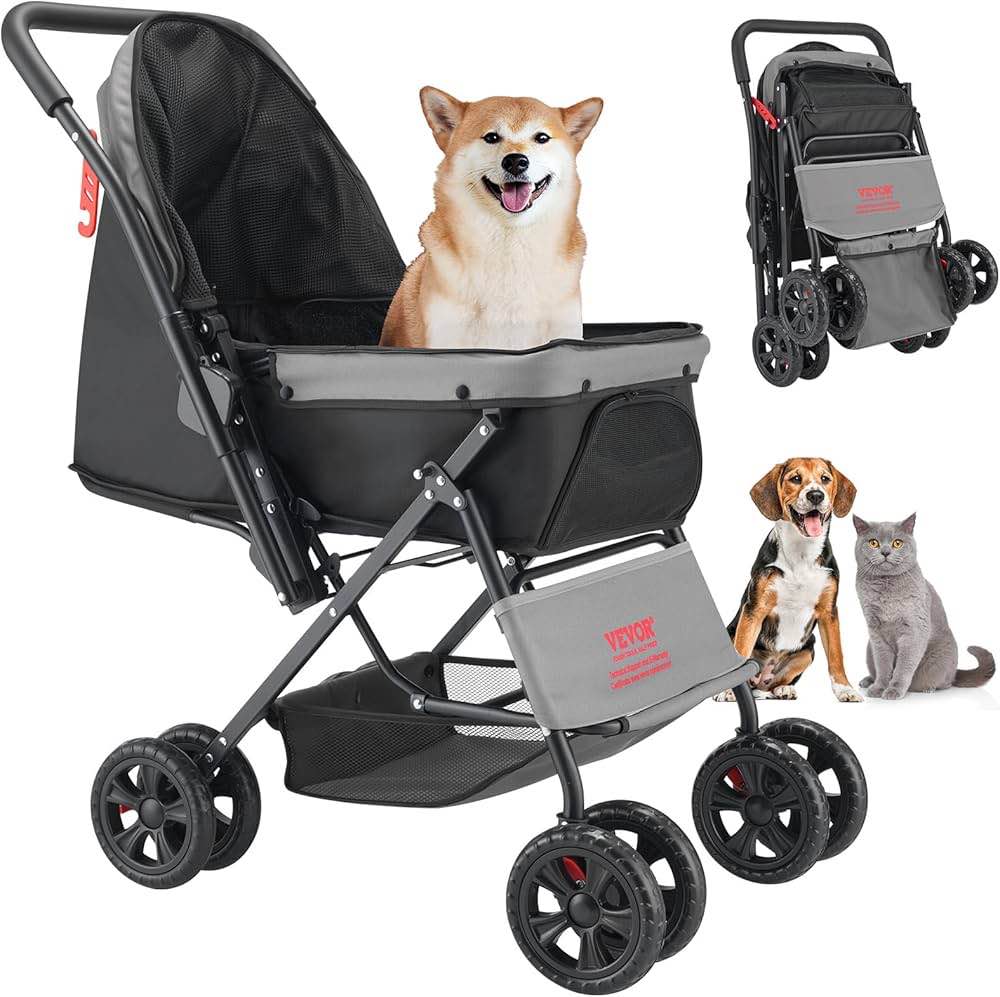 Pet Stroller Foldable 4 Wheels Travel Dog Stroller Reversible Handle up to 44lbs