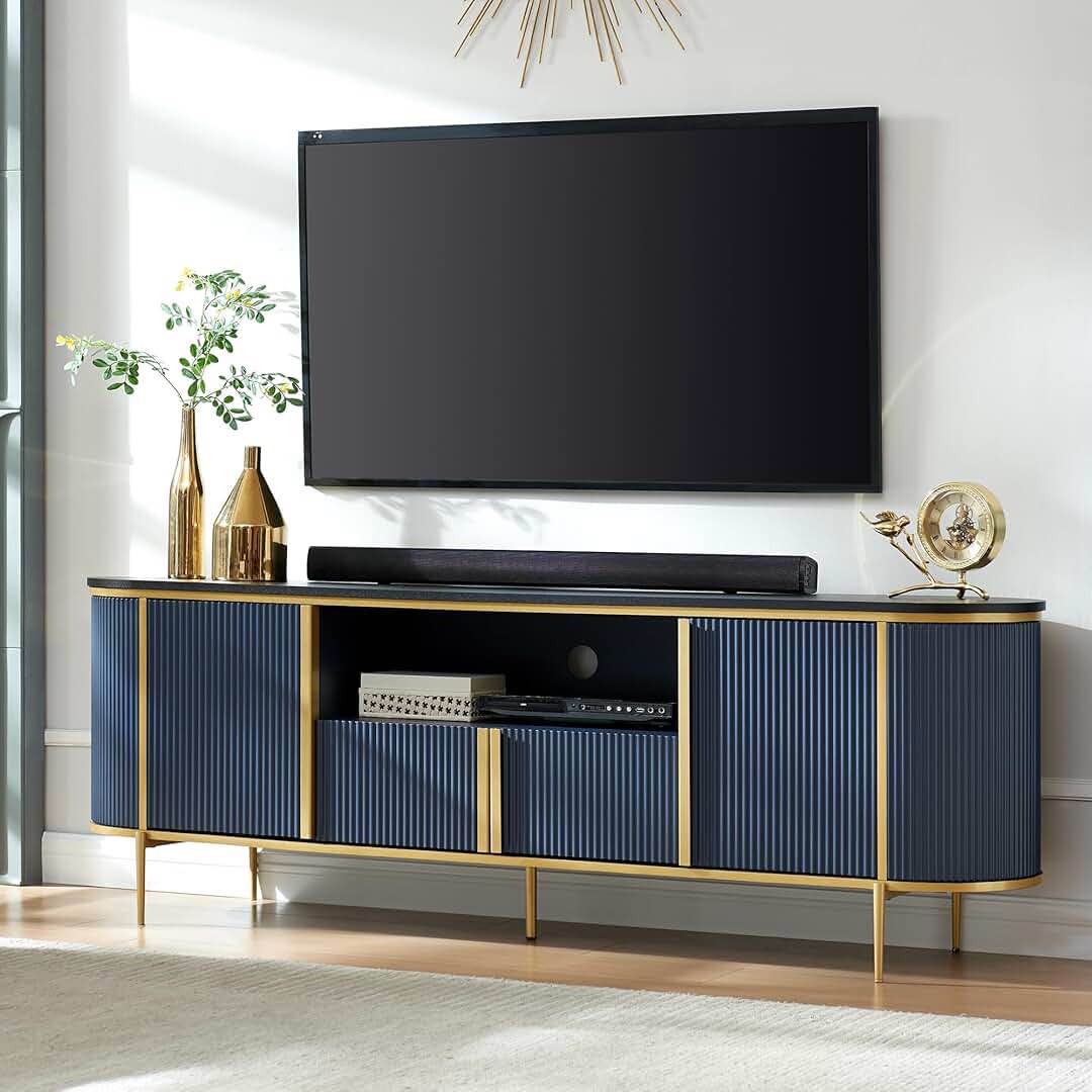 60\u0027\u0027 Fluted TV Stand, Console Table, Modern Curved TV Stands with Water Wave Shaped Door
